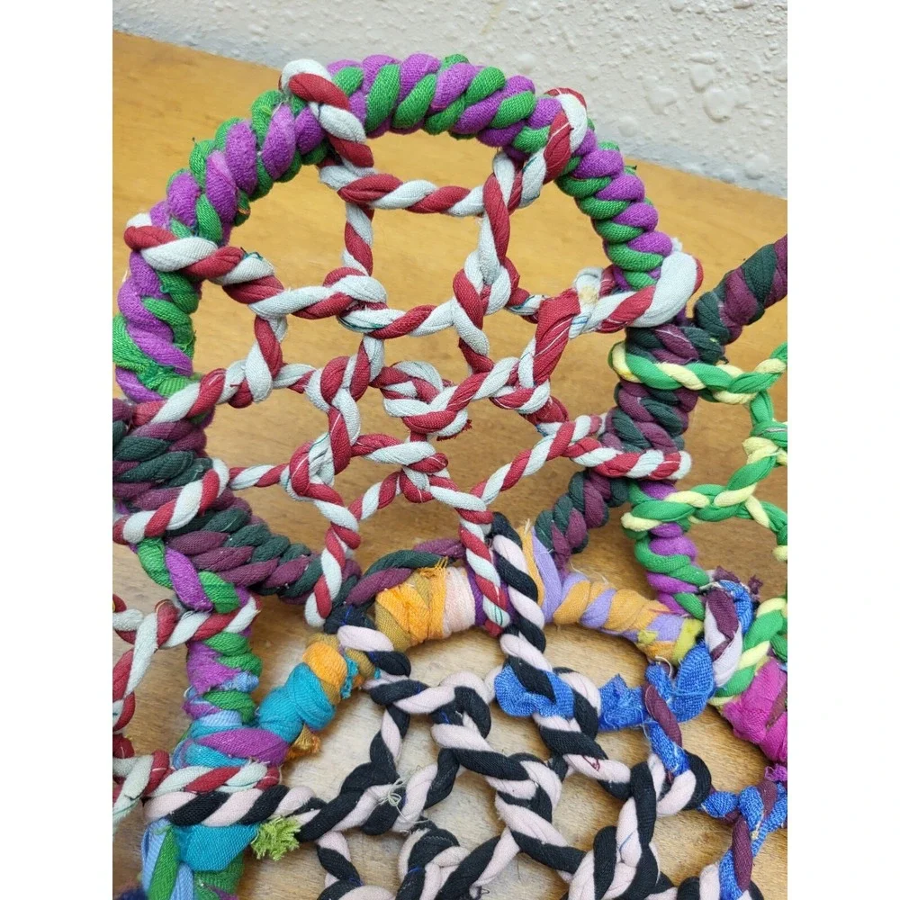 Vtg  Wrapped Twisted Fabric Flower Basket Open Weave‎ Fishermen Net Style Boho